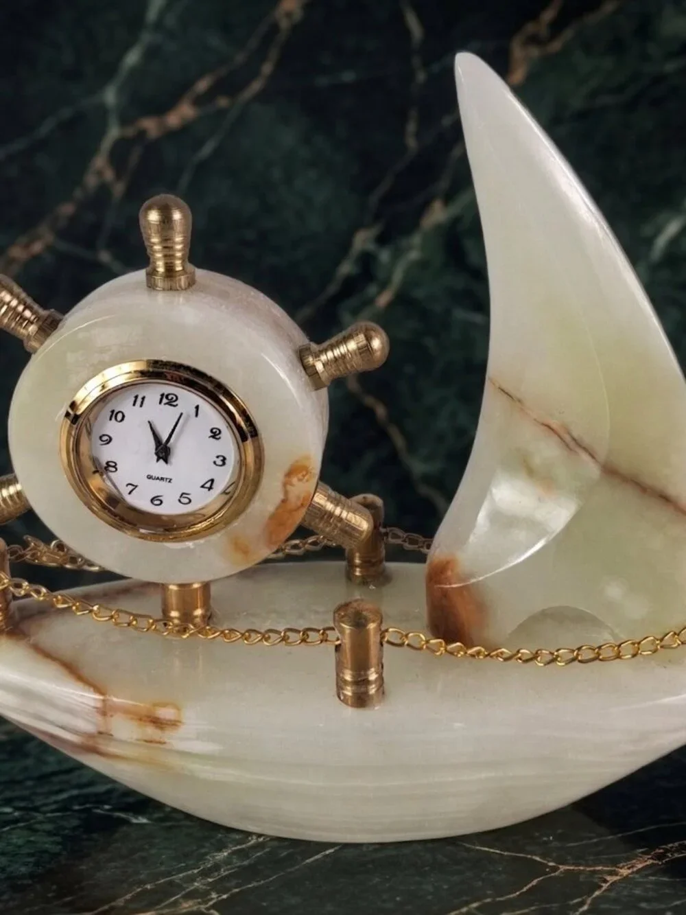 Decorative Collectible Ship Clock Desk Mentel Marble Onyx Handmade Imported NEW
